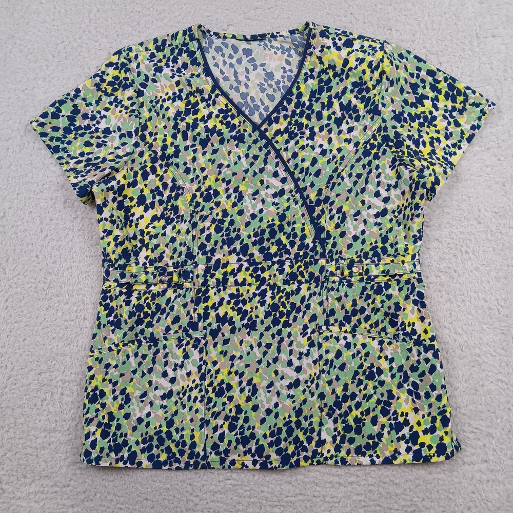 Koi Scrub Top Women XL Green Navy Abstract Pebble Mock Wrap Print